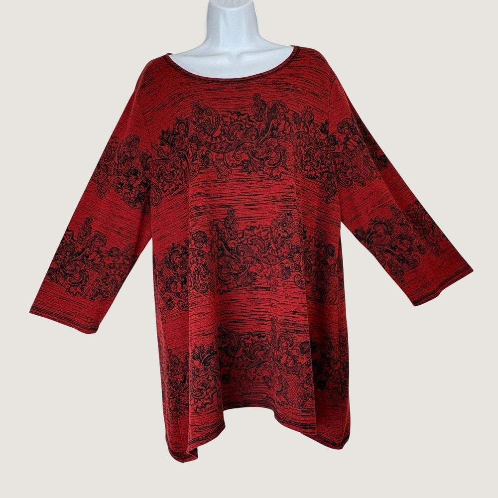 Chico's Women XL Tunic Top Red Black Paisley Space Dye Long Sleeve Scoop Neck